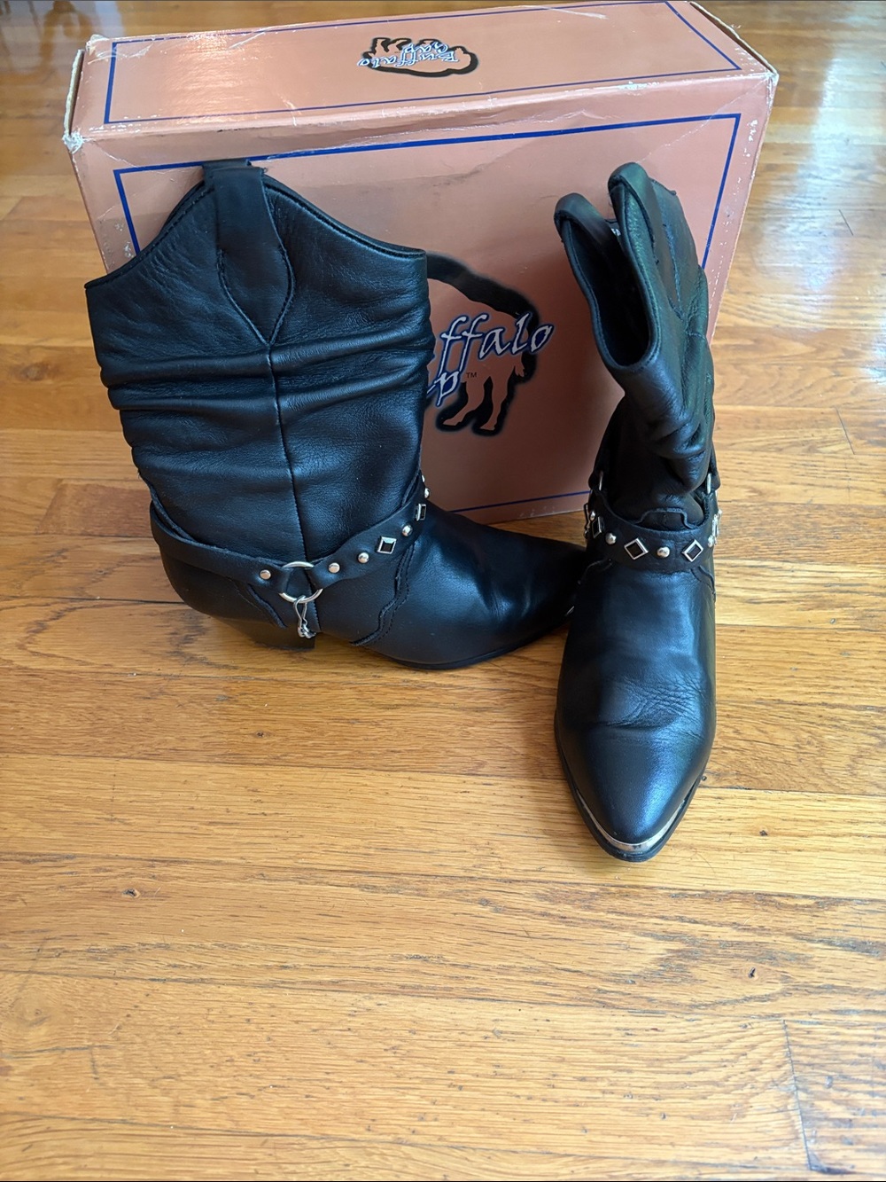 Buffalo David Bitton Black Leather Western Boots with Studded Harness